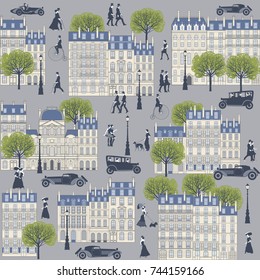 Old street of Paris with walking people and cars. Handmade drawing vector illustration or pattern. Vintage style.