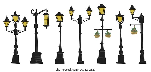 old street poles decorative set simple flat hand drawn vector clipart illustrations