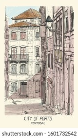 Old street in Porto, Portugal - vector illustration - (Ideal for printing on fabric or paper, poster or wallpaper, house decoration)
