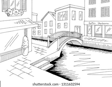 Old street river graphic black white city landscape sketch illustration vector