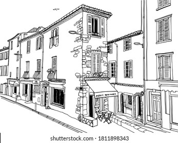 Old street of romantic Antibes, Provence, France. Nice European city. Urban landscape in hand drawn sketch style. Line art. Wall decor. Vector illustration.