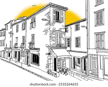 Old street of romantic Antibes, Provence, France. Nice European city. Urban landscape in hand drawn sketch style. Line art. Wall decor. Vector illustration.