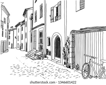 Old street in romantic Provence, France. Urban background in hand drawn sketch style. Ink line drawing. Vector illustration