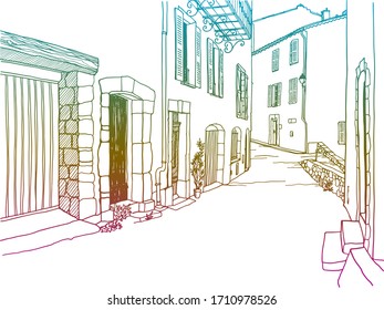 Old street in romantic Provence, France. Urban background in hand drawn sketch style. Ink line drawing. Colourful Vector illustration on white