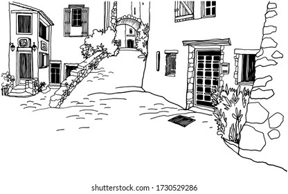 Old street in romantic Provence, France. Urban background in hand drawn sketch style. Ink line drawing. Vector illustration on white