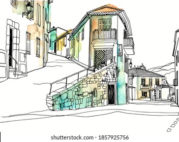 Old street of romantic Provence, France. Lovely landscape in hand drawn sketch style. Line art. Wall decor. Vector illustration on background watercolour