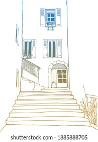Old street of romantic Provence, France. Nice European city. Urban landscape in hand drawn sketch style. Line art. Wall decor. Vector illustration.