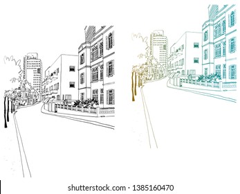 Old street in romantic Tel Aviv, Israel. Urban background in hand drawn sketch style. Colorful ink line drawing. Vector illustration on white.