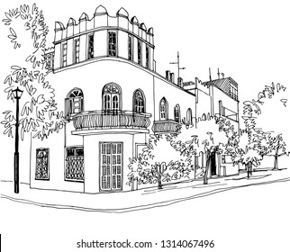 Old street of Tel Aviv, black and white vector illustration in hand drawn style. Urban landscape sketch. Line art. Ink drawing on white.