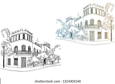 Old street of Tel Aviv, black and white vector illustration in hand drawn style. Urban landscape sketches. Line art. Ink drawing on white.