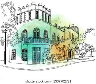 Old street of Tel Aviv, black and white vector illustration in hand drawn style. Urban landscape sketch. Line art. Ink drawing on watercolor background.