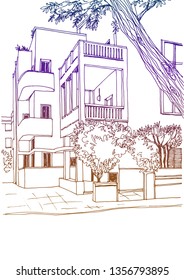 Old street of Tel Aviv, colorful vector illustration in hand drawn style. Urban landscape sketch. Line art. Ink drawing on white background