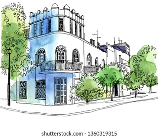 Old street of Tel Aviv, colorful vector illustration in hand drawn style. Urban landscape sketch. Line art. Ink drawing on watercolor background