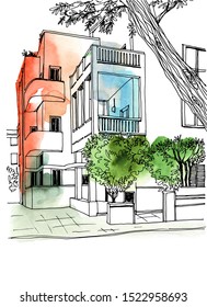Old street of Tel Aviv, colorful vector illustration in hand drawn style. Urban landscape sketch. Line art. Ink drawing on watercolor background