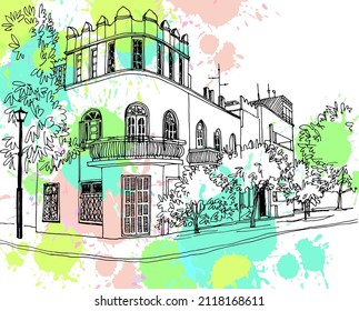 Old street of Tel Aviv, Israel. White City. Colorful vector illustration in hand drawn style. Urban landscape sketch. Line art. Ink drawing on splash background