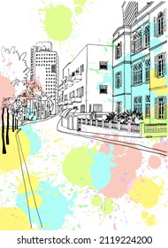 Old street of Tel Aviv, Israel. White City, Bauhaus style. Colorful vector illustration in hand drawn style. Urban landscape sketch. Line art. Ink drawing on splash background. Without people.
