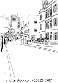 Calle OLd en Tel Aviv, romántico paisaje urbano, Israel. Dibujo de la línea manuscrita. Dibujo manual. Ilustración del vector sobre fondo blanco