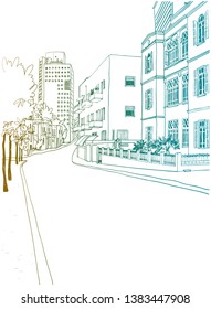 OLd street in Tel Aviv, romantic urban landscape,Israel.Colorful ink line sketch. Hand drawing. Vector illustration on white background