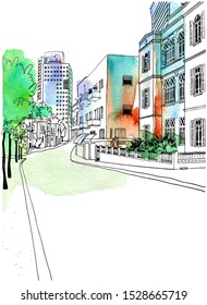 OLd street in Tel Aviv, romantic urban landscape,Israel. Ink line sketch. Hand drawing. Vector illustration on watercolor background