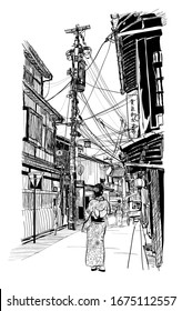 Old street in Tokyo - vector illustration (Ideal for printing on fabric or paper, poster or wallpaper, house decoration) All sign and ideograms are fictitious