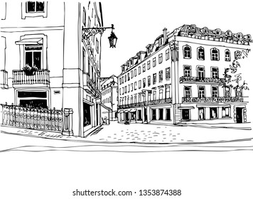 Old street view sketch. Lisbon, Portugal. Urban landscape in hand drawn line style. Ink drawing. Vector illustration