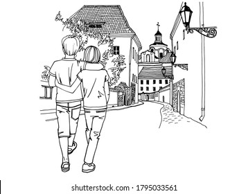Old street of Vilnius, Lithuania. Pretty boy and girl are walking. Children's friendship. Traveling together. Nice cityscape. Hand drawn sketch. Vector illustration. Urban background