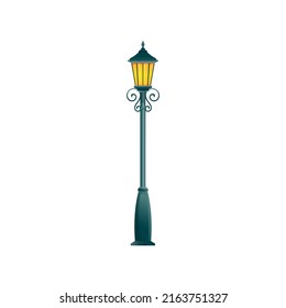 Old streetlight pillar one lamp stand column with forged decor isolated. Vector old street light pillar urban city illumination object. Exterior pole post with gas, halogen or led lamp on still pole