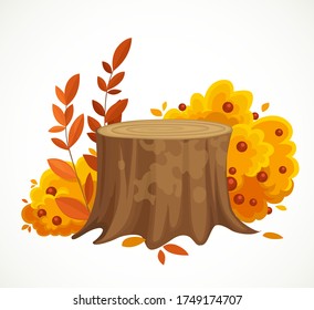 Old stump with a bush next to it with yellow leaves and red berries vector drawing isolated on white background
