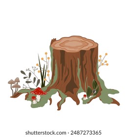 An old stump with fly agaric mushrooms and forest plants. Vector isolated illustration. Forest design element.