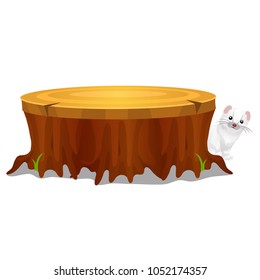 Old stump in the forest and Least Weasel (Mustela nivalis) isolated on white background. Vector cartoon close-up illustration.