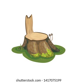 Old stump with a piece of bark stands in a meadow. Vector illustration on white background.