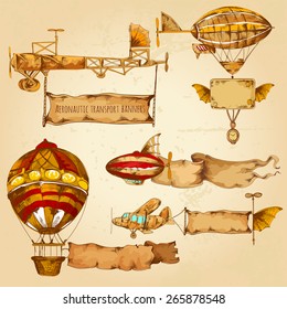 Old style airships with advertising banners hand drawn set isolated vector illustration