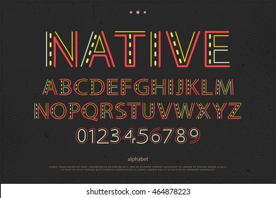 old style alphabet letters and numbers on paper texture. vector font type design. native ornament lettering. colorful, decorative typesetting. ethnic typeface template