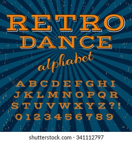 Old style alphabet. Retro type font, vintage typography poster with sunbeams textured background vector, EPS10. Blue orange palette