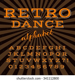 Old style alphabet. Retro type font, vintage typography poster with sunbeams textured background vector, EPS10. Brown orange palette