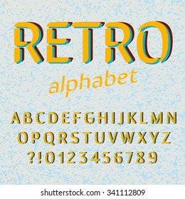 Old style alphabet. Retro type font, vintage typography poster with sunbeams textured background vector, EPS10. Yellow blue palette
