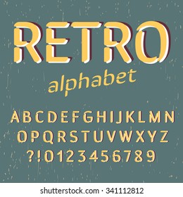 Old style alphabet. Retro type font, vintage typography poster with sunbeams textured background vector, EPS10. Yellow blue palette