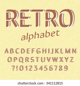 Old style alphabet. Retro type font, vintage typography poster with sunbeams textured background vector, EPS10. Brown beige bright palette