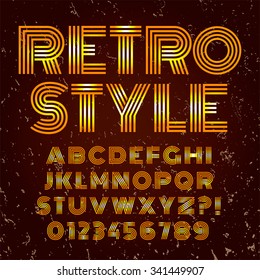 Old style alphabet. Retro type font disco, vintage typography poster with sunbeams textured background vector, EPS10. Gold and brown palette