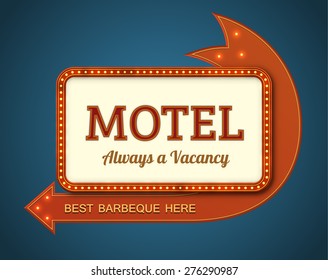 Old style American motel road sign. EPS10 vector illustration of a big motel billboard with a red arrow and light bulbs.