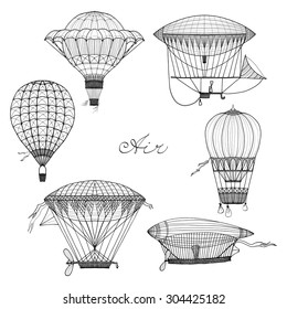 Old style balloon and airship doodle set isolated vector illustration