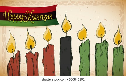 Old style banner with lighted candles in hand drawn style and a little ribbon with traditional colors to celebrate Kwanzaa.