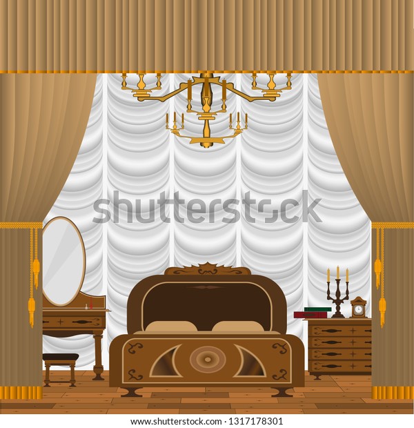 Old Style Bedroom Interior French Curtain Stock Vector