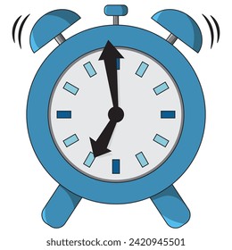 Old style Blue retro analog alarm clock with movement lines suggesting movement of bell.  Wake up concept