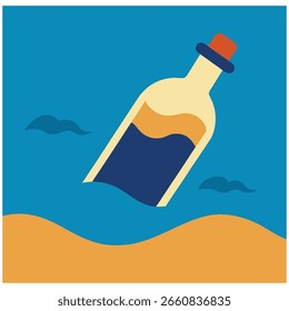Old Style Bottle With Message Floating In Sea Vector