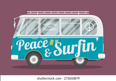 Old Style Brandless Hippie Van. Vector Illustration Of A Retro Surfers Minivan Side View.