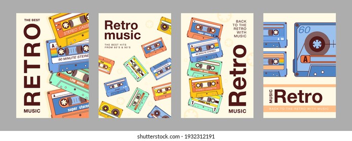 Old style brochure designs with audio tapes. Bright promotion invitations for music shop or store. Retro music and audio equipment concept. Promotional template for advertising leaflet or flyer
