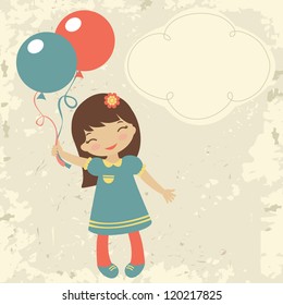 Old style card with little girl holding balloons