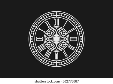 Old style clock with roman numerals. Vector illustraion