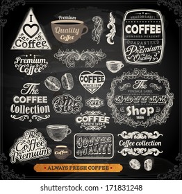 Old style Coffee frames and labels | Retro floral ornaments | Vintage ribbons, borders and other elements collection for Coffee design | eps10 vector set. Chalkboard illustration variant.